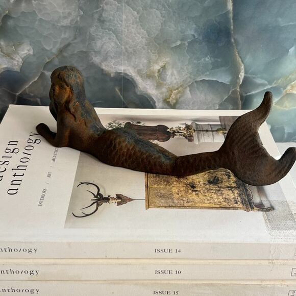Cast Iron Mermaid Statue Siren Figurine Shelf Laying 9” Long Green Vintage - Picture 4 of 9